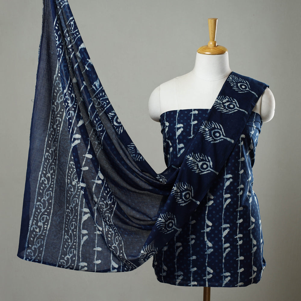 Blue - 3pc Cotton Indigo Bagru Print Dress Material Set 20