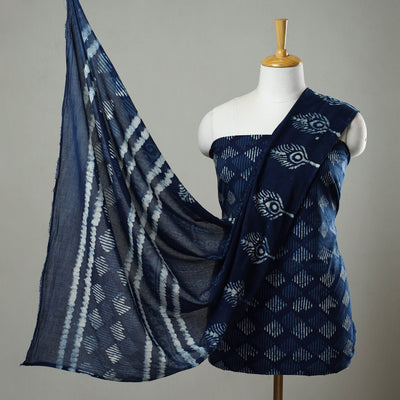 Blue - 3pc Cotton Indigo Bagru Print Dress Material Set 21