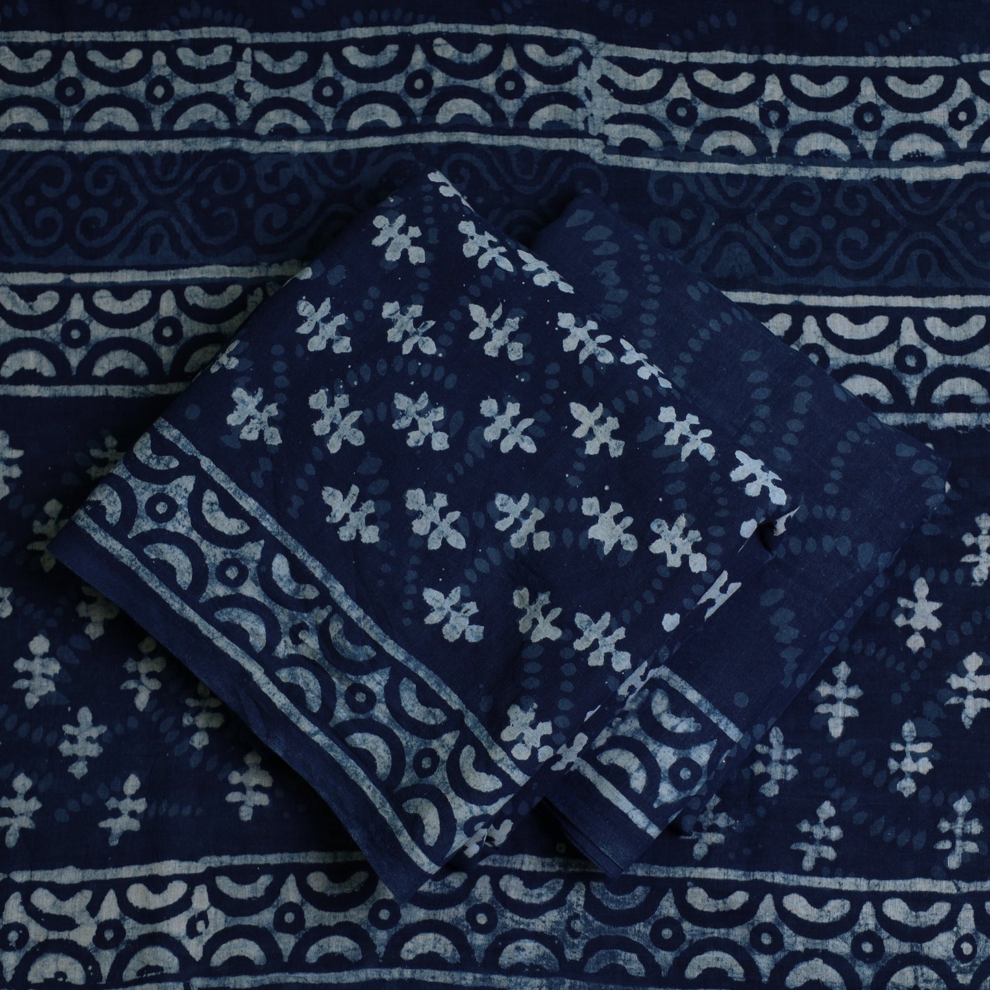 Blue - 3pc Cotton Indigo Bagru Print Dress Material Set 19