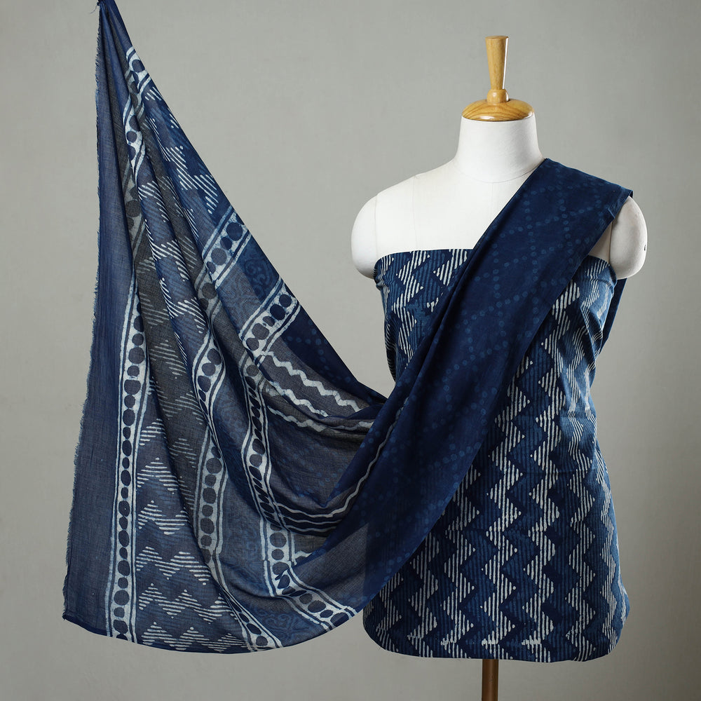 Blue - 3pc Cotton Indigo Bagru Print Dress Material Set 23