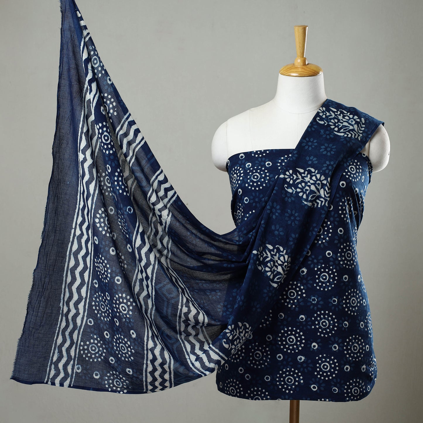 Blue - 3pc Cotton Indigo Bagru Print Dress Material Set 24