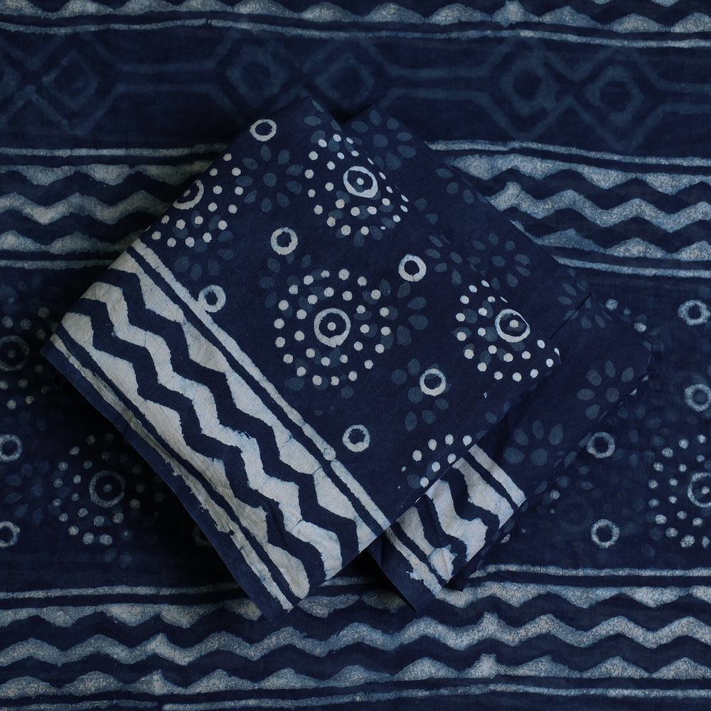 Blue - 3pc Cotton Indigo Bagru Print Dress Material Set 24