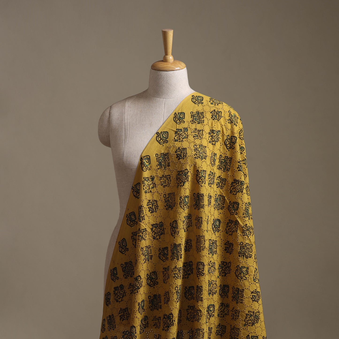 Yellow - Hakoba Hand Block Ajrakh Print Natural Dyed Cotton Fabric 120