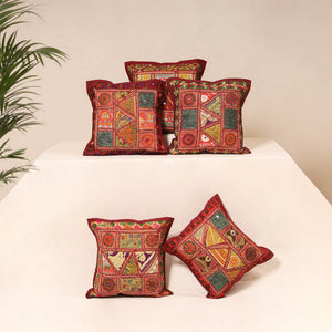 Maroon - Kutch Hand Embroidered Mirror Work Cushion Cover (Set of 5) 19
