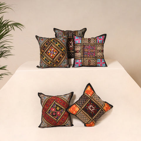 Multicolor - Kutch Hand Embroidered Mirror Work Cushion Cover (Set of 5) 01