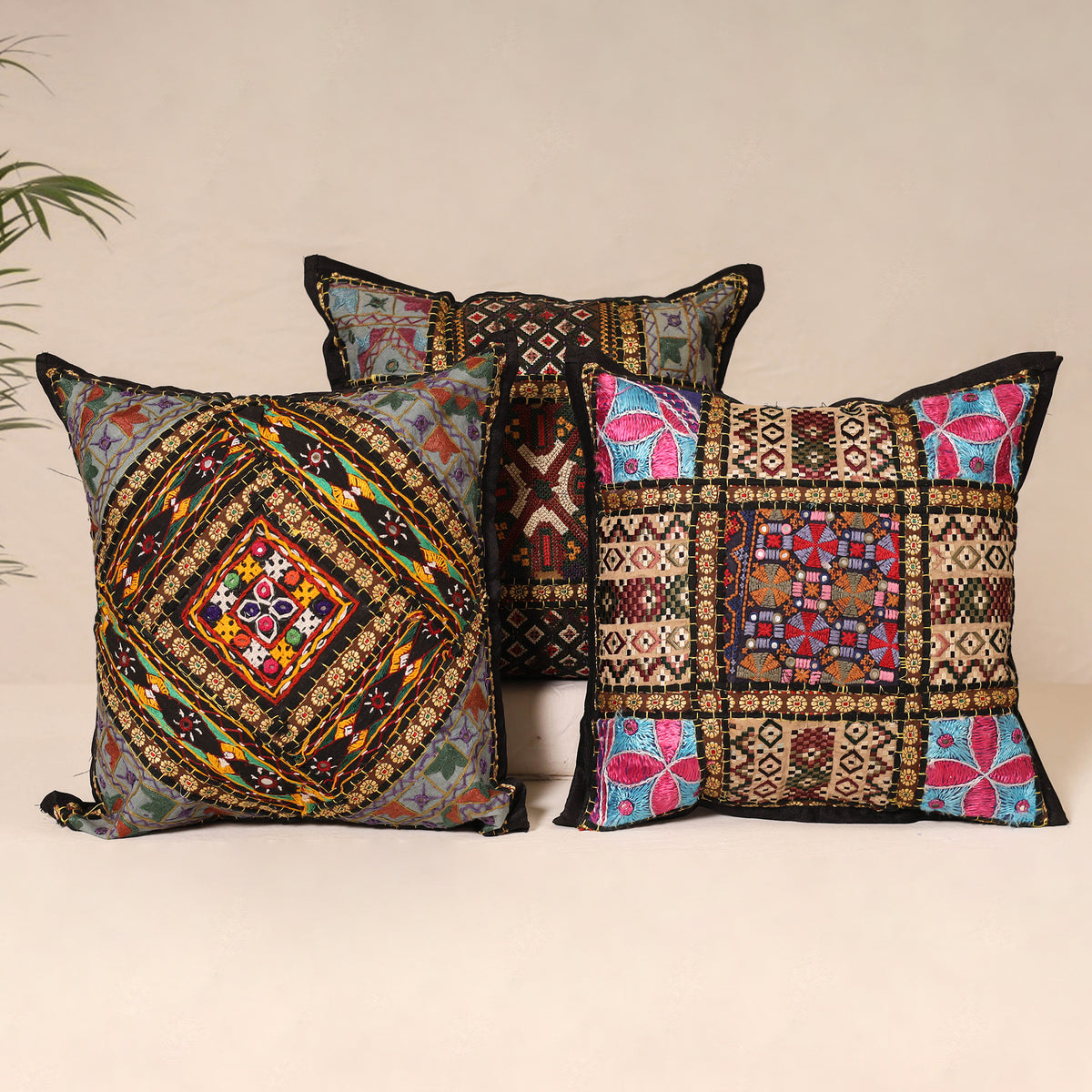 Multicolor - Kutch Hand Embroidered Mirror Work Cushion Cover (Set of 5) 01