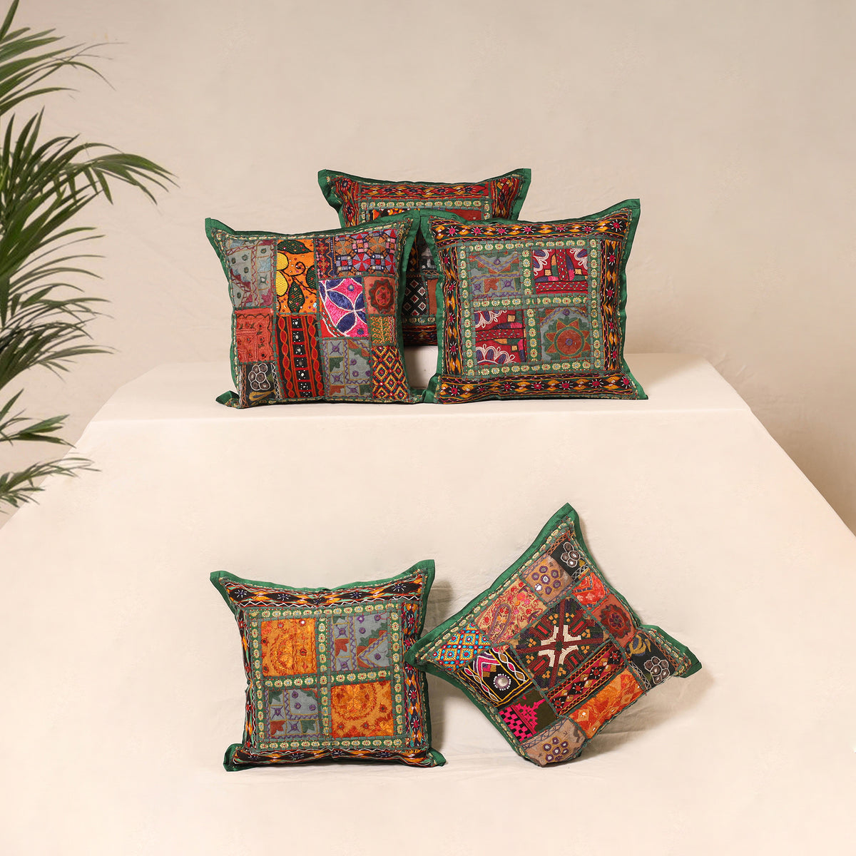 Multicolor - Kutch Hand Embroidered Mirror Work Cushion Cover (Set of 5) 02