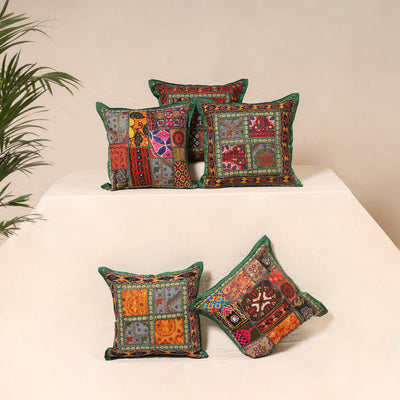 Multicolor - Kutch Hand Embroidered Mirror Work Cushion Cover (Set of 5) 02