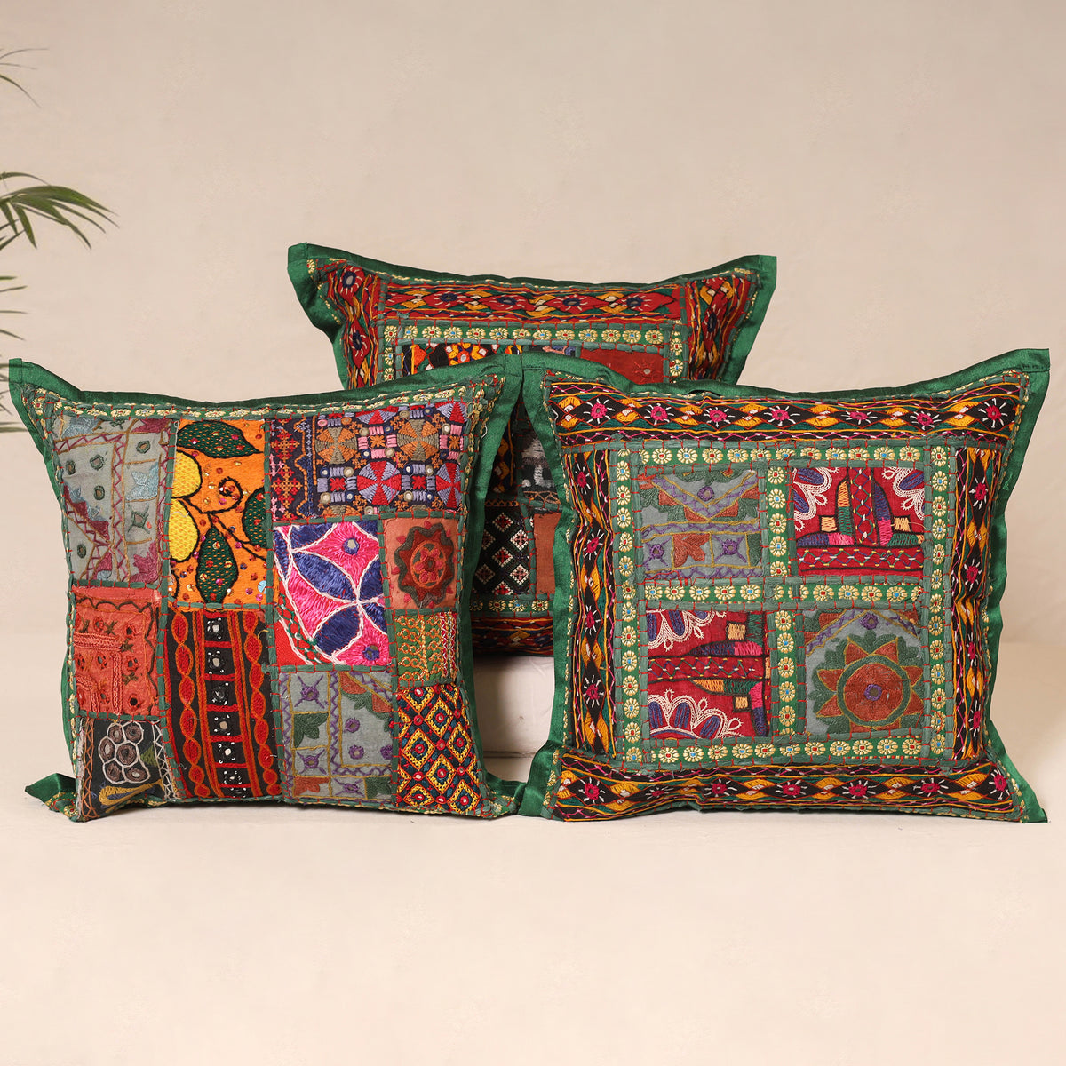 Multicolor - Kutch Hand Embroidered Mirror Work Cushion Cover (Set of 5) 02