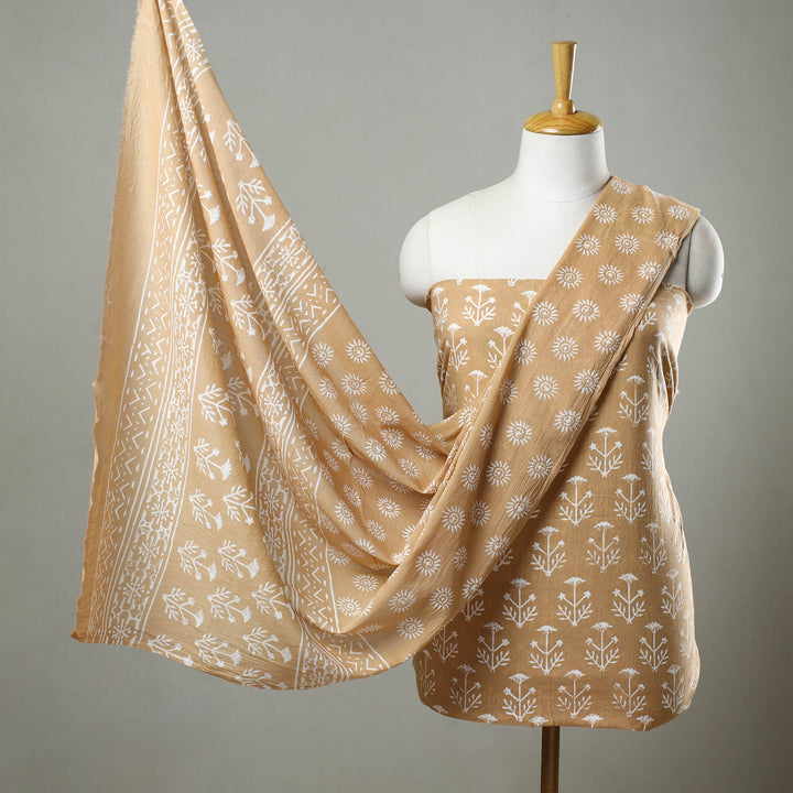 Beige - 3pc Block Print Cotton Sanganeri Unstitched Dress Material 04 main image 1