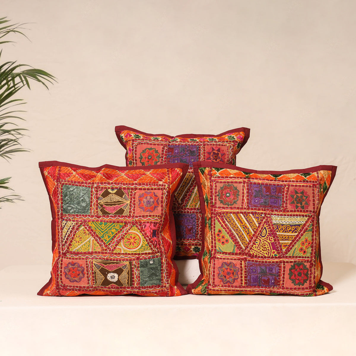 Maroon - Kutch Hand Embroidered Mirror Work Cushion Cover (Set of 5) 08