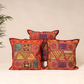Maroon - Kutch Hand Embroidered Mirror Work Cushion Cover (Set of 5) 08