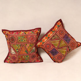 Maroon - Kutch Hand Embroidered Mirror Work Cushion Cover (Set of 5) 08