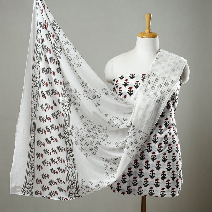 White - 2pc Unstitched Sanganeri Print Dress Material with Jewellery Set 19