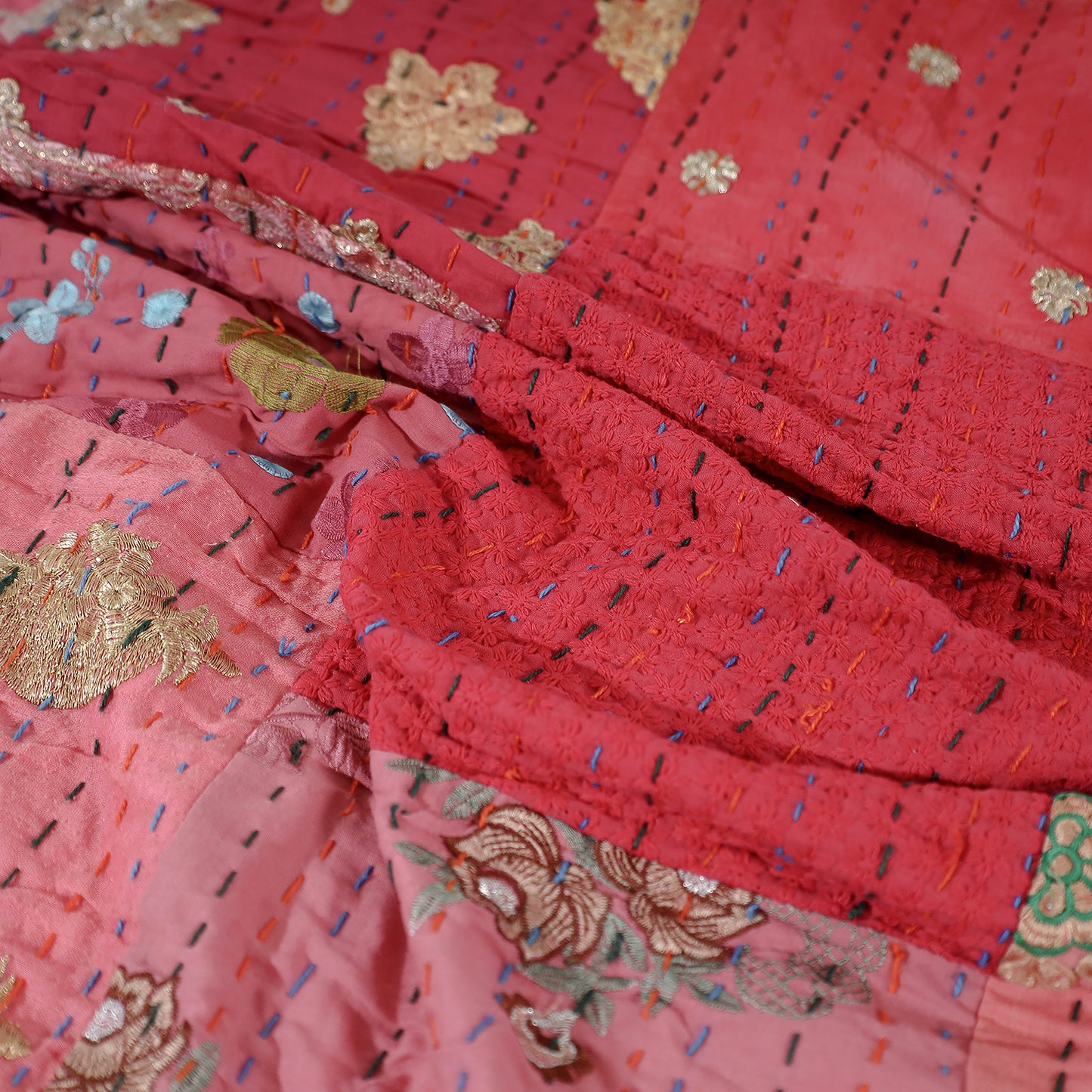 Khambadiya Patchwork Patola Silk Cotton Quilt / Gudri / Blanket (108 x 90 in)