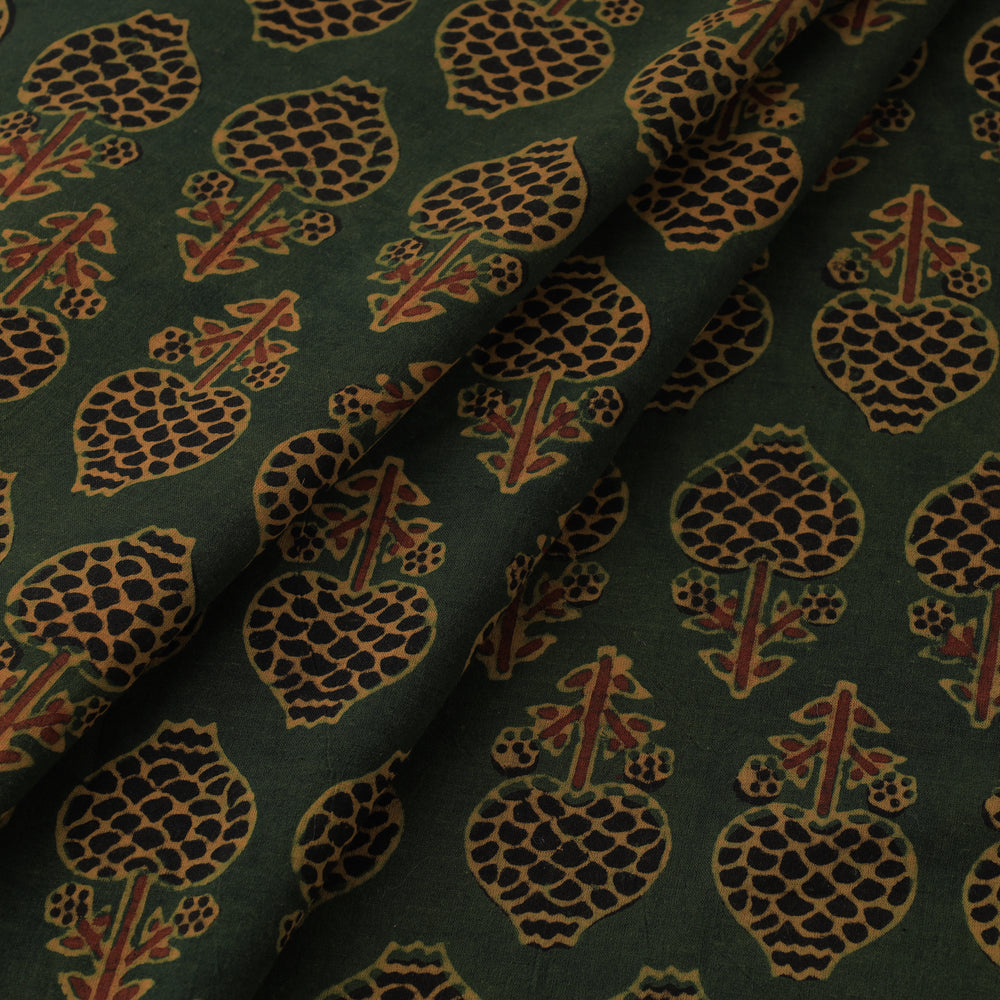 Green - Ajrakh Hand Block Printed Natural Dyed Mul Cotton Fabric 01