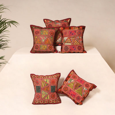 Maroon - Kutch Hand Embroidered Mirror Work Cushion Cover (Set of 5) 16