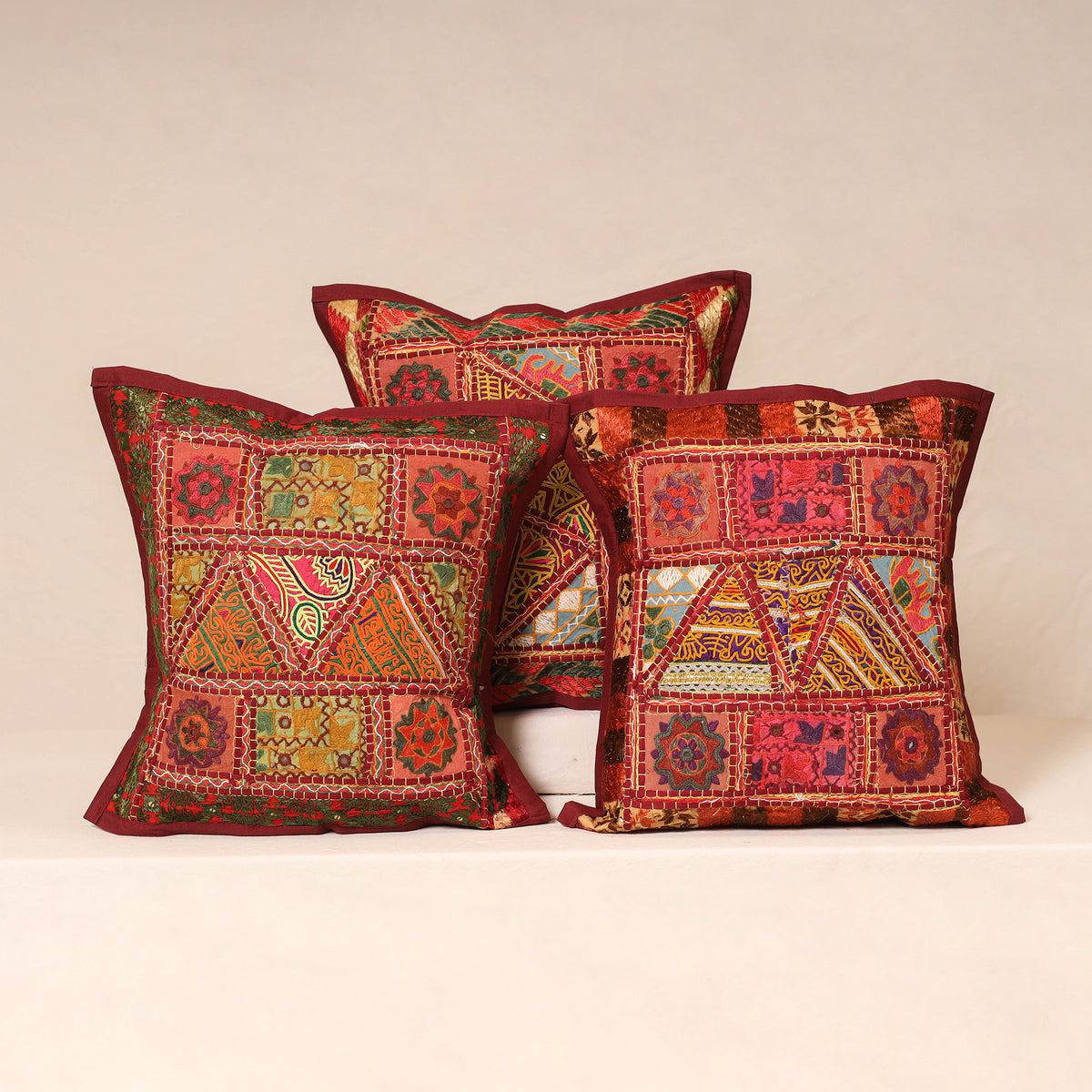 Maroon - Kutch Hand Embroidered Mirror Work Cushion Cover (Set of 5) 16