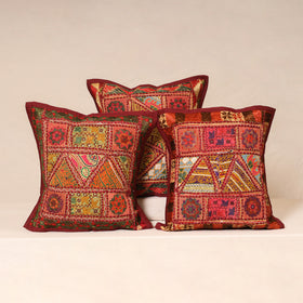 Maroon - Kutch Hand Embroidered Mirror Work Cushion Cover (Set of 5) 16