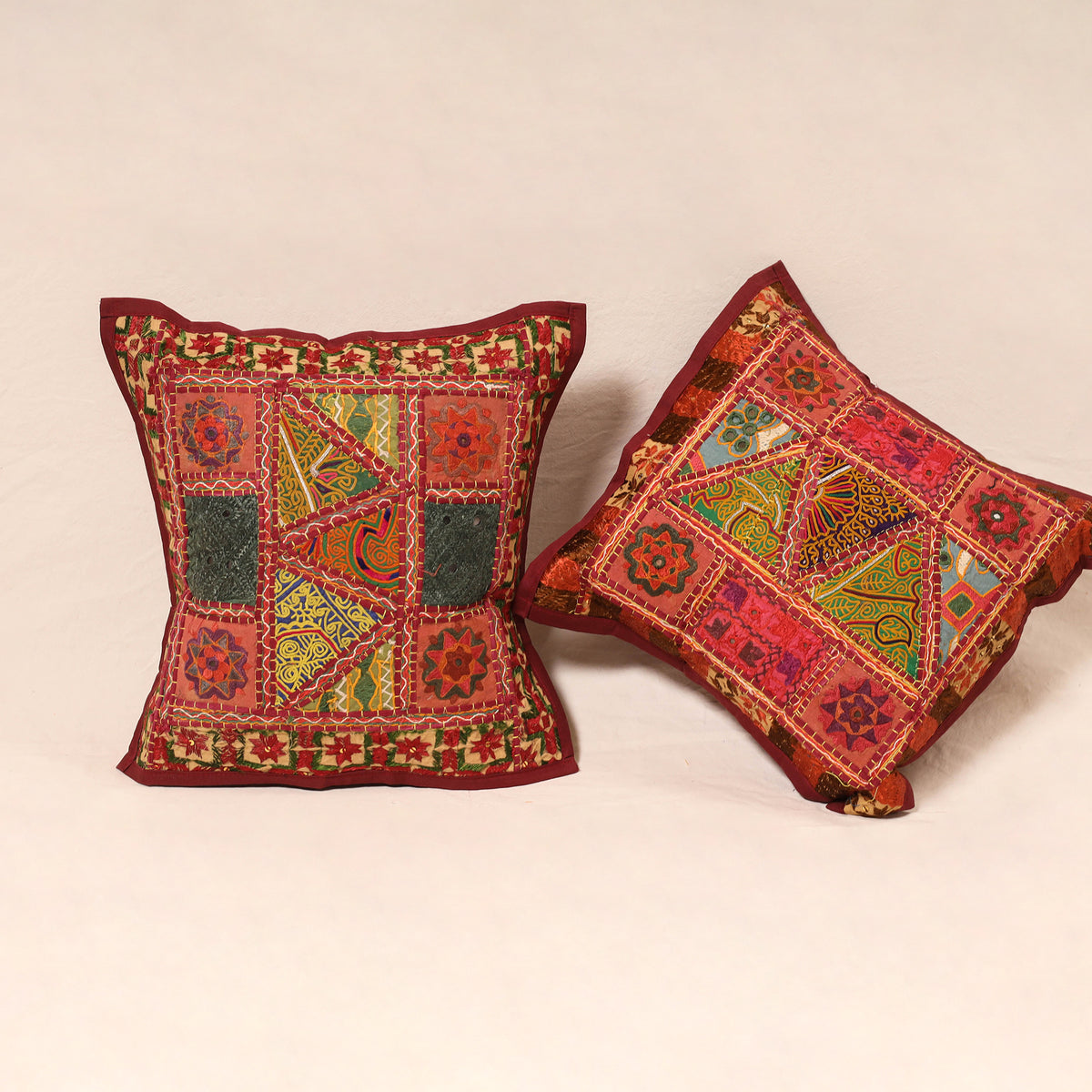 Maroon - Kutch Hand Embroidered Mirror Work Cushion Cover (Set of 5) 16