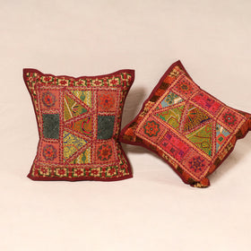 Maroon - Kutch Hand Embroidered Mirror Work Cushion Cover (Set of 5) 16