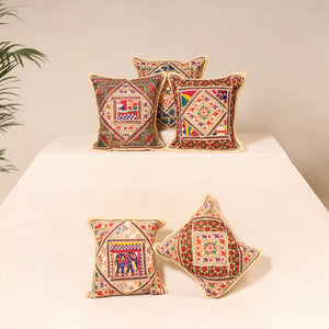 Beige - Kutch Hand Embroidered Mirror Work Cushion Cover (Set of 5) 22