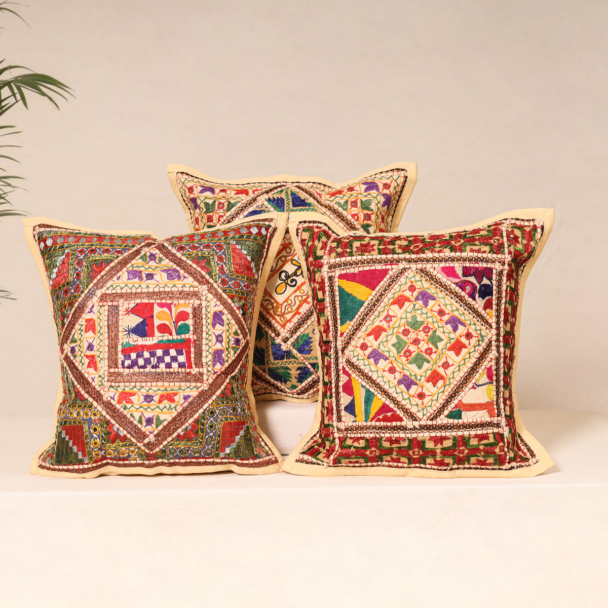 Beige - Kutch Hand Embroidered Mirror Work Cushion Cover (Set of 5) 22
