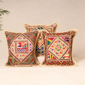 Beige - Kutch Hand Embroidered Mirror Work Cushion Cover (Set of 5) 22