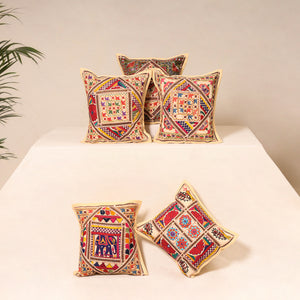 Beige - Kutch Hand Embroidered Mirror Work Cushion Cover (Set of 5) 24