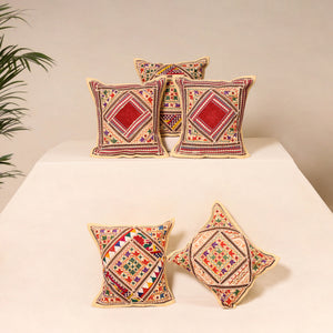 Beige - Kutch Hand Embroidered Mirror Work Cushion Cover (Set of 5) 25