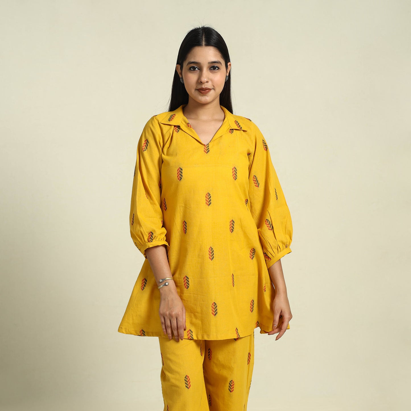  Yellow Jacquard Cotton Top & Pyjama Night Suit Set