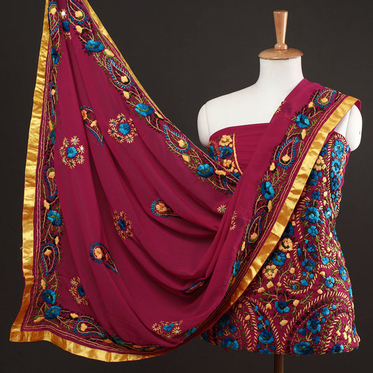 Purple - 3pc Phulkari Embroidery Georgette Suit Material Set