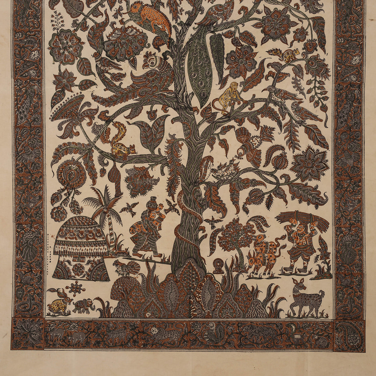 Brown - kalamkari art wall hanging with tree of life motif by pitchuka srinivas (72 x 60 in)