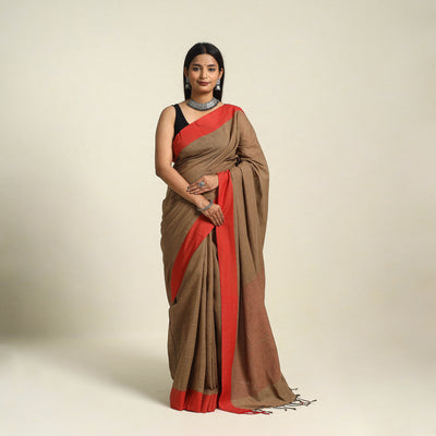 Brown - bengal woven border handloom cotton saree 06