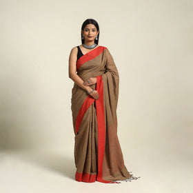 Brown - bengal woven border handloom cotton saree 06