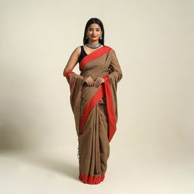 Brown - bengal woven border handloom cotton saree 06
