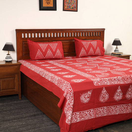 Red - Hand Batik Printed Cotton Double Bed Cover with Pillow Covers (108 x 90 in) 02