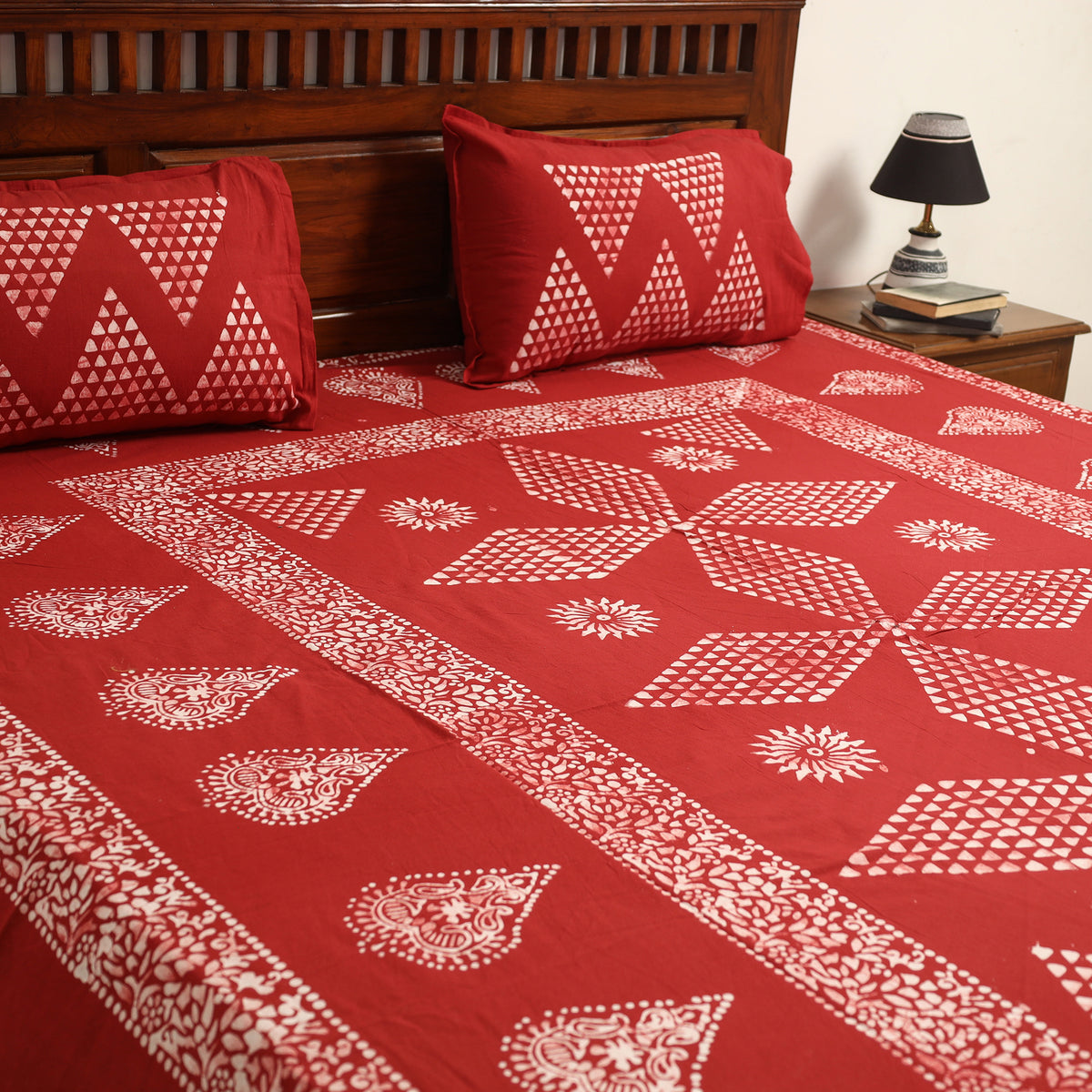 Red - Hand Batik Printed Cotton Double Bed Cover with Pillow Covers (108 x 90 in) 02