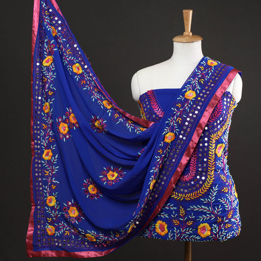 Blue - 3pc Phulkari Embroidery Georgette Suit Material Set