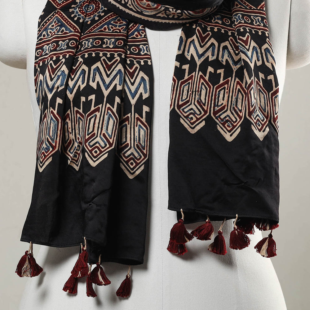 Black - Ajrakh Block Printed Modal Silk Stole with Tassels 01