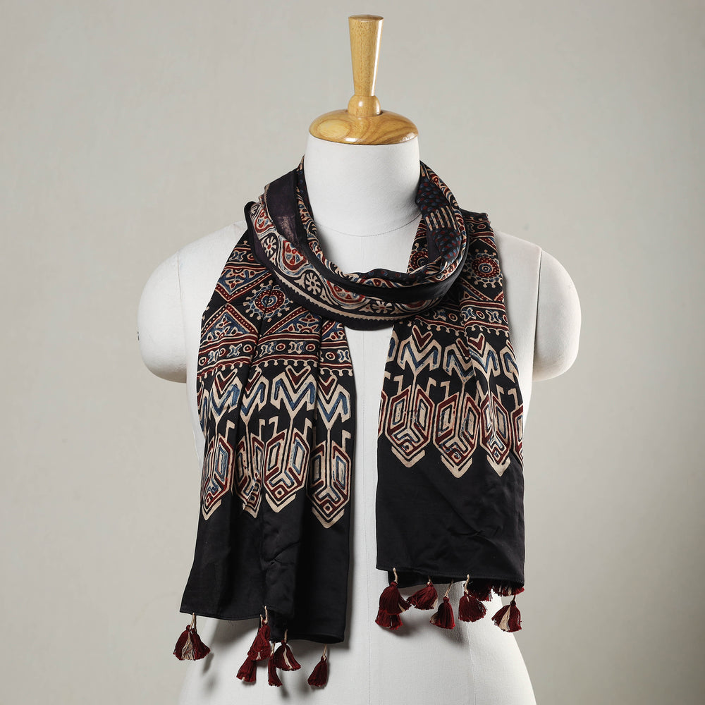 Black - Ajrakh Block Printed Modal Silk Stole with Tassels 01