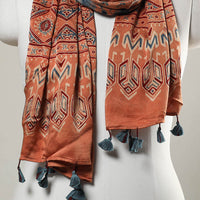 Peach - Ajrakh Block Printed Modal Silk Stole with Tassels 02