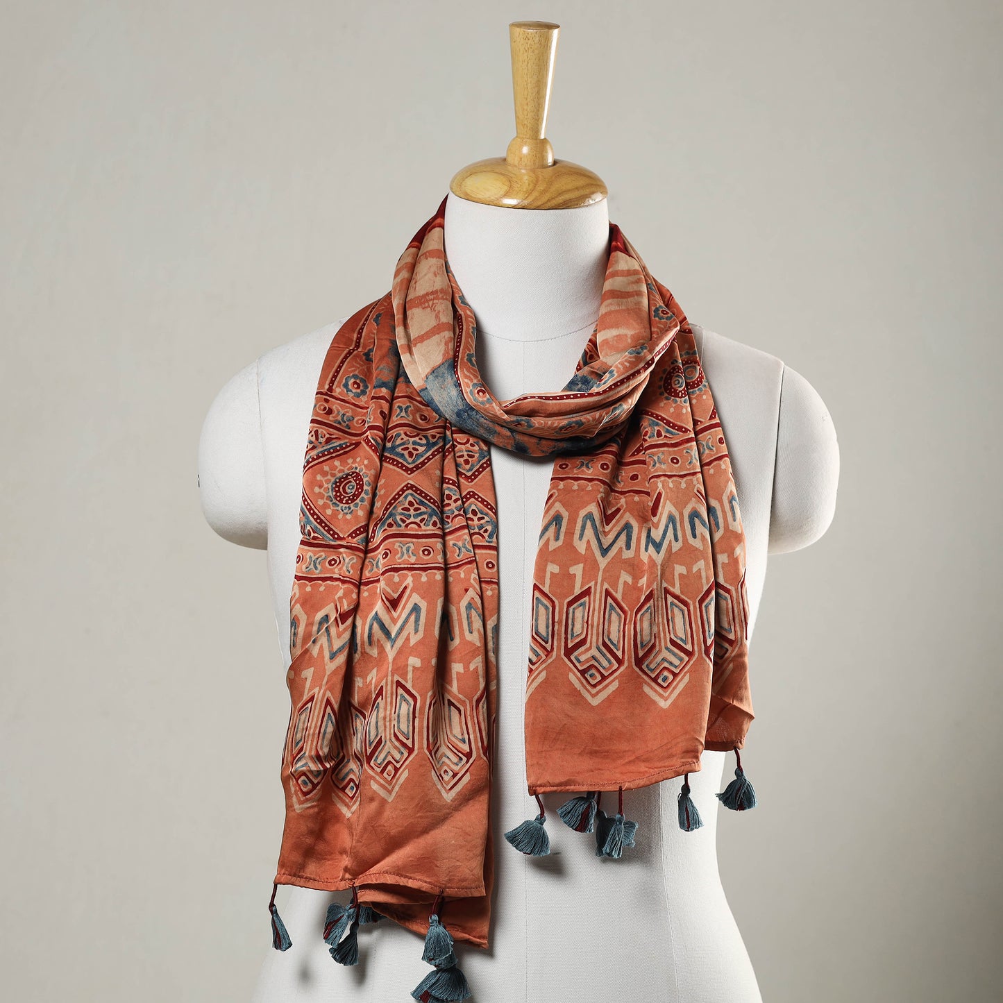 Peach - Ajrakh Block Printed Modal Silk Stole with Tassels 02