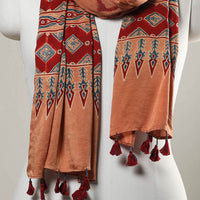 Peach - Ajrakh Block Printed Modal Silk Stole with Tassels 03