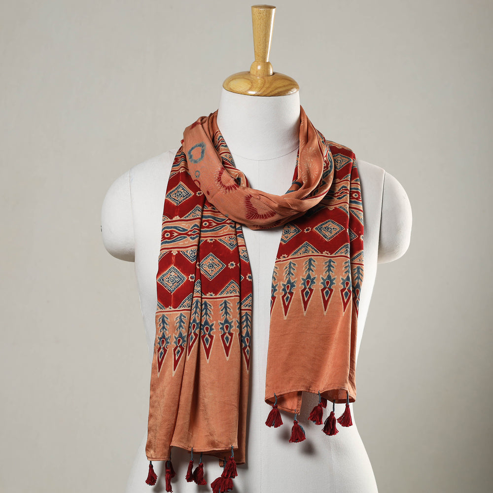 Peach - Ajrakh Block Printed Modal Silk Stole with Tassels 03