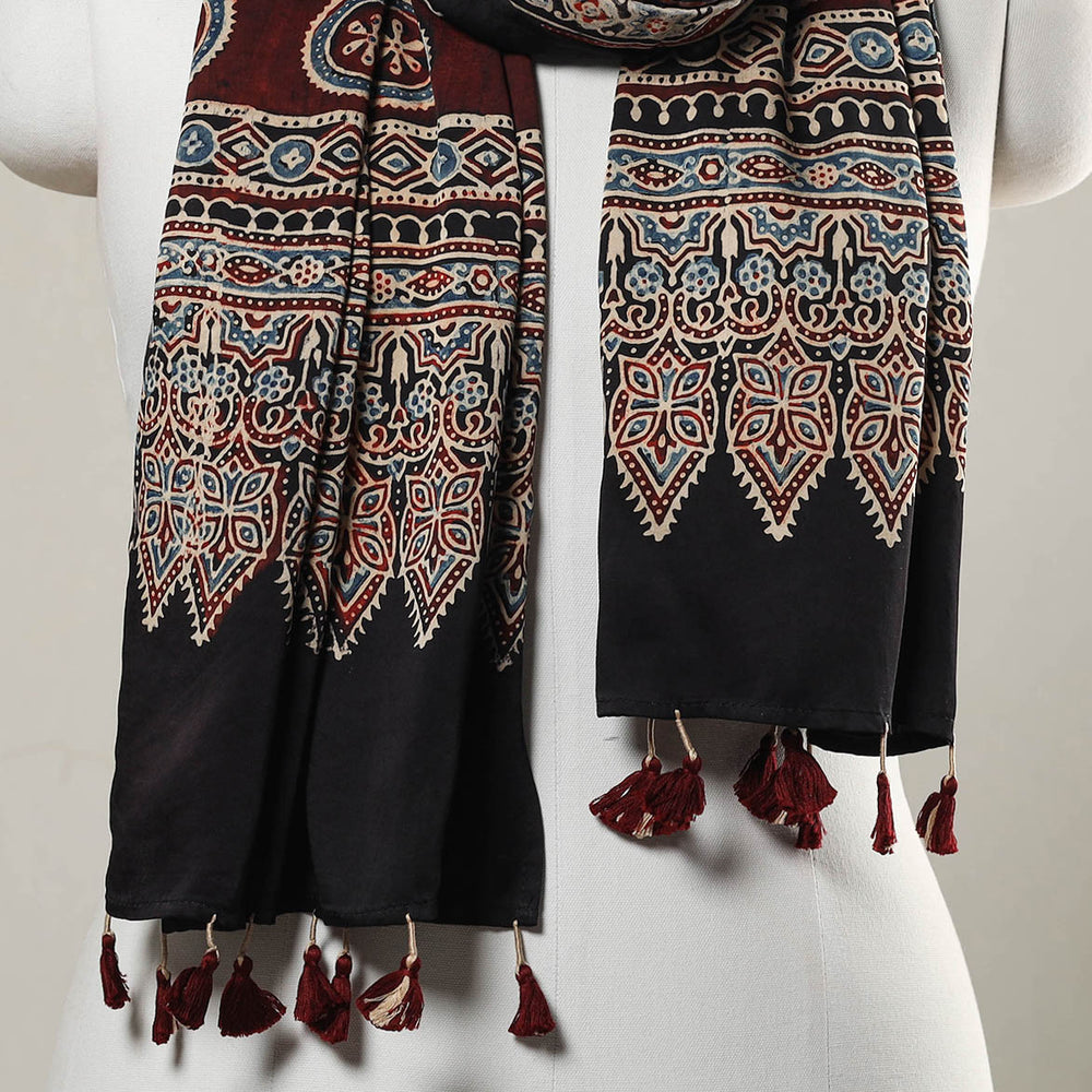 Black - Ajrakh Block Printed Modal Silk Stole with Tassels 04