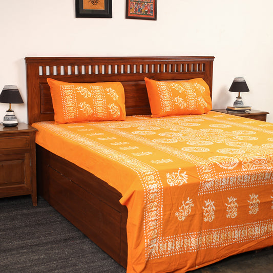 Orange - Hand Batik Printed Cotton Double Bed Cover with Pillow Covers (108 x 90 in) 03