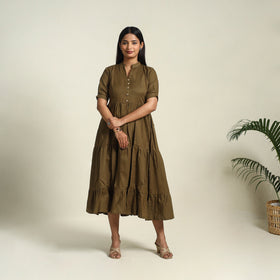  Brown Flex Cotton Tiered Plain Dress