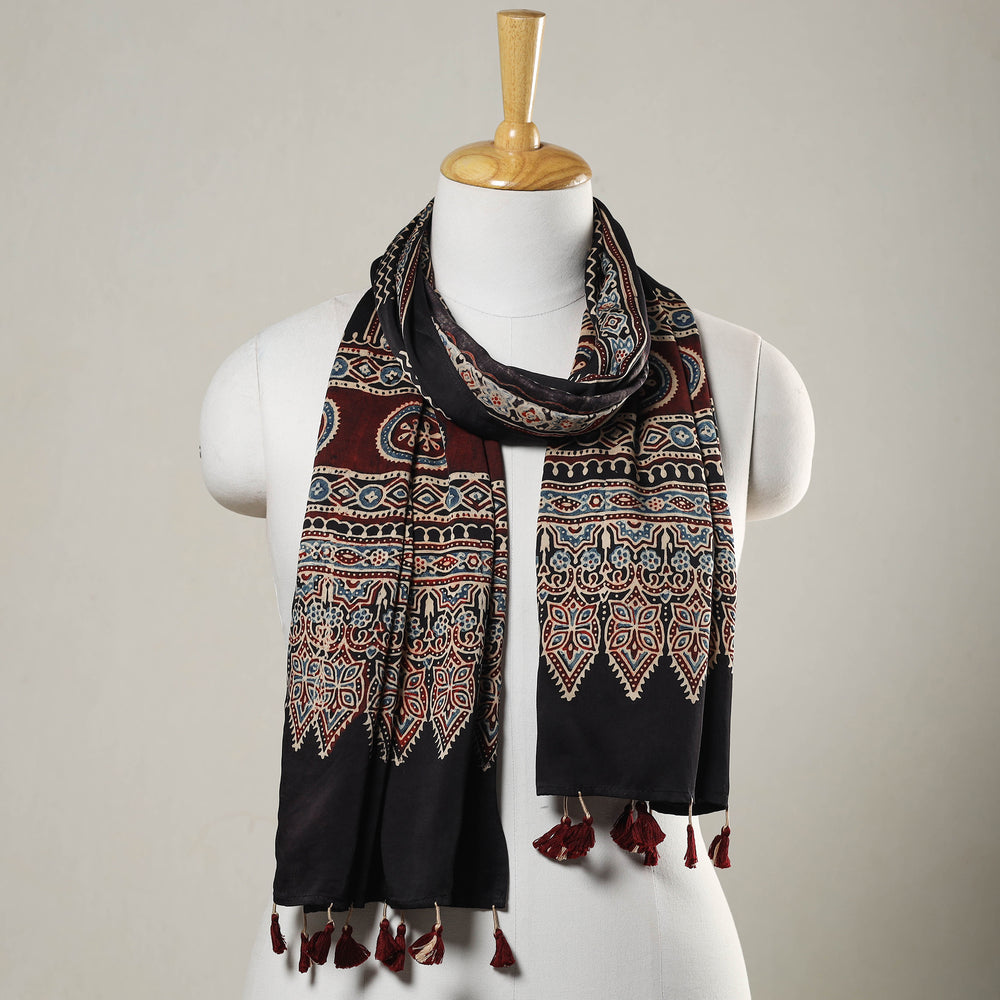 Black - Ajrakh Block Printed Modal Silk Stole with Tassels 04