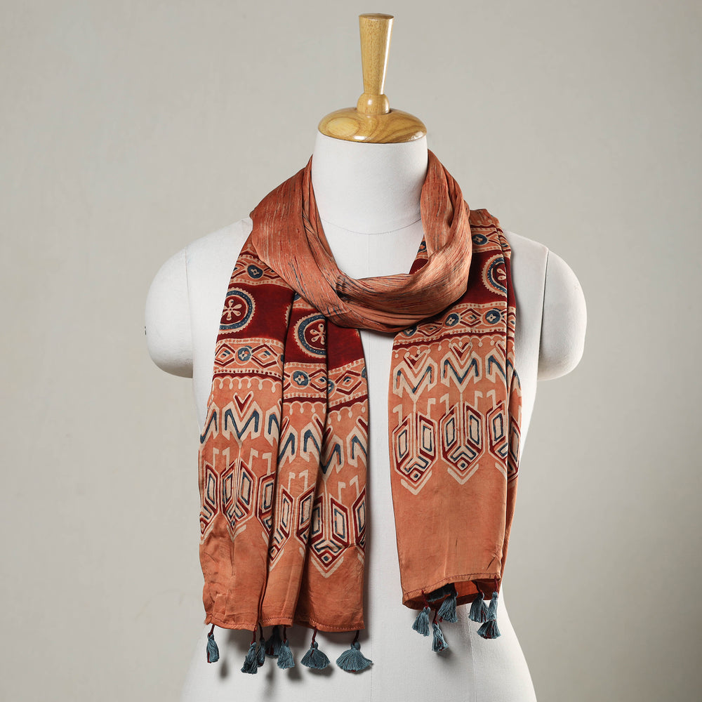 Peach - Ajrakh Block Printed Modal Silk Stole with Tassels 05